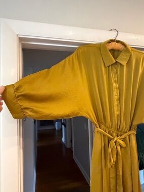 Aakaa Mustard Yellow Satin Button-Up Dress